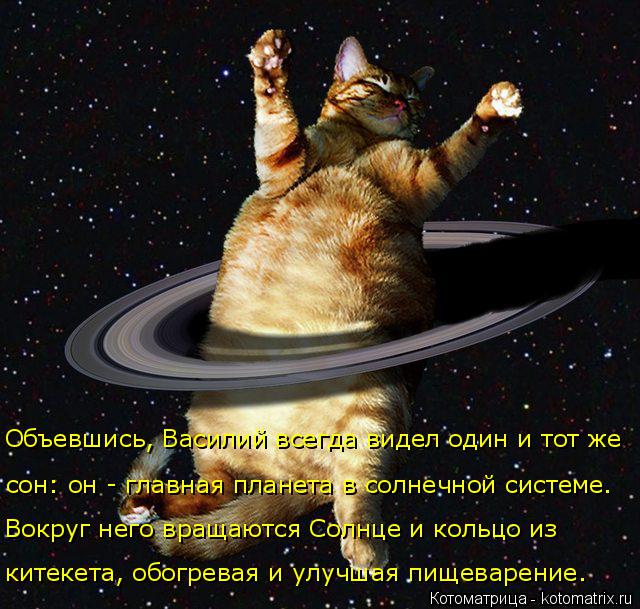 Котоматрица: Объевшись, Василий всегда видел один и тот же   сон: он - главная планета в солнечной системе. Вокруг него вращаются Солнце и кольцо из  китек?