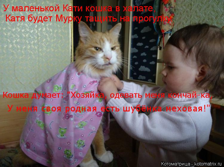 Котоматрица: Одевала Алёнка кошку Мурку в распашонку, У маленькой Кати кошка в халате, Катя будет Мурку тащить на прогулку. Кошка думает: "Хозяйка, одеват