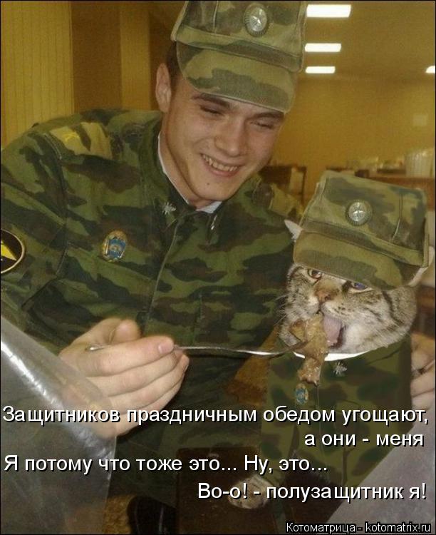 Защитников праздничным обедом угощают, а они - меня Я потому что тоже это... Ну, это... Во-о! - полу... Котоматрица: Защитников праздничным обедом угощают, а они - меня Я потому что тоже это... Ну, это... Во-о! - полузащитник я!