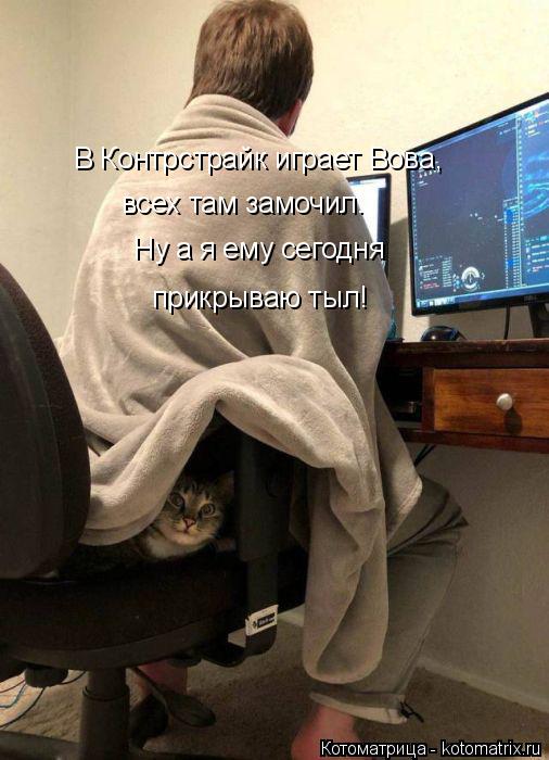 Котоматрица: Ну а я ему сегодня прикрываю тыл! В Контрстрайк играет Вова, всех там замочил.