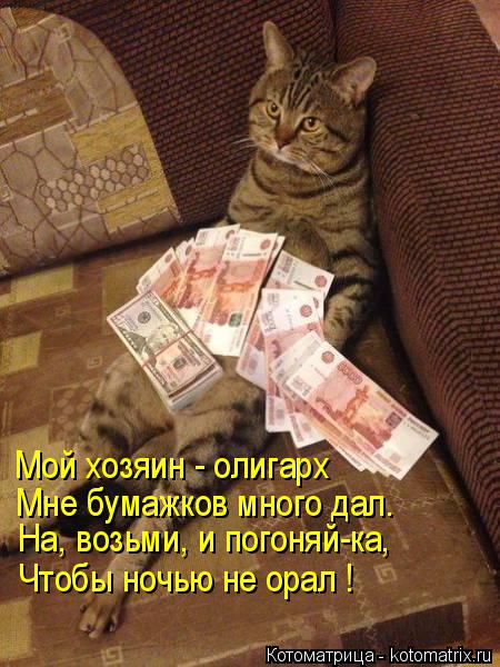 Чтобы ночью не орал ! На, возьми, и погоняй-ка, Мне бумажков много дал. Мой хозяин - олигарх... Котоматрица: Чтобы ночью не орал ! На, возьми, и погоняй-ка, Мне бумажков много дал. Мой хозяин - олигарх