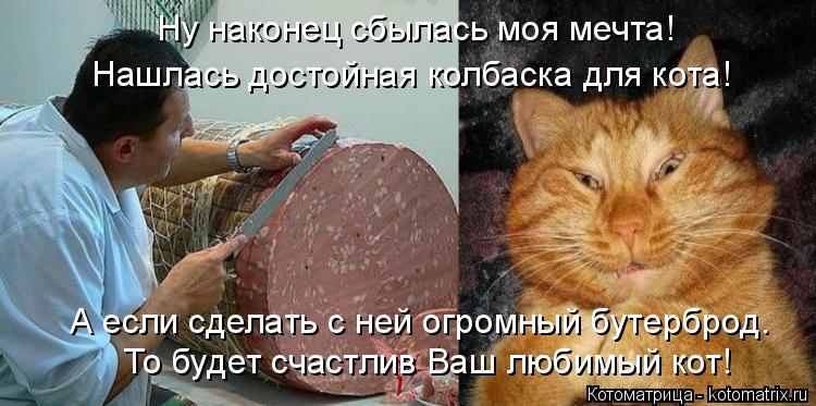 Ну наконец сбылась моя мечта! Нашлась достойная колбаска для кота! То будет счастлив Ваш любимый кот!... Котоматрица: Ну наконец сбылась моя мечта! Нашлась достойная колбаска для кота! То будет счастлив Ваш любимый кот! А если сделать с ней огромный бутербро