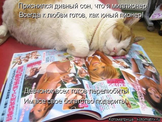Приснился дивный сон, что я миллионер! Всегда к любви готов, как юный пионер! Девчонок всех готов пер... Котоматрица: Приснился дивный сон, что я миллионер! Всегда к любви готов, как юный пионер! Девчонок всех готов перелюбить! Им все свое богатство подарить!