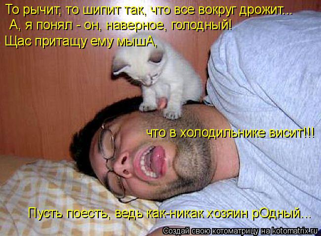 То рычит, то шипит так, что все вокруг дрожит... А, я понял - он, наверное, голодный! Щас притащу ему... Котоматрица: То рычит, то шипит так, что все вокруг дрожит... А, я понял - он, наверное, голодный! Щас притащу ему мышА, что в холодильнике висит!!! Пусть поест