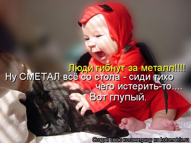 Котоматрица: Люди гибнут за металл!!!! Ну СМЕТАЛ всё со стола - сиди тихо чего истерить-то.... Вот глупый.