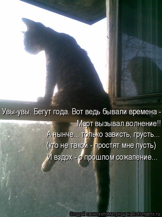 Котоматрица: Увы-увы. Бегут года. Вот ведь бывали времена -  Март вызывал волнение!! А нынче... только зависть, грусть...  (кто не такой - простят мне пусть) И в?