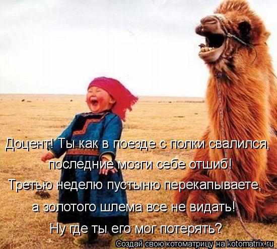 Доцент! Ты как в поезде с полки свалился, последние мозги себе отшиб! Третью неделю пустыню перекапыв... Котоматрица: Доцент! Ты как в поезде с полки свалился, последние мозги себе отшиб! Третью неделю пустыню перекапываете, а золотого шлема все не видать! Ну