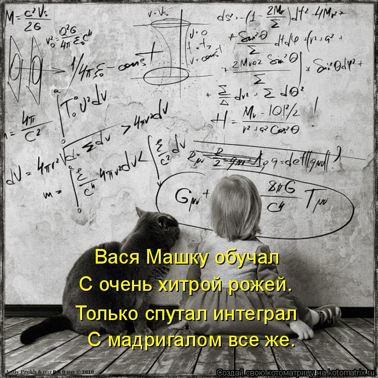 Вася Машку обучал С очень хитрой рожей. Только спутал интеграл С мадригалом все же.... Котоматрица: Вася Машку обучал С очень хитрой рожей. Только спутал интеграл С мадригалом все же.