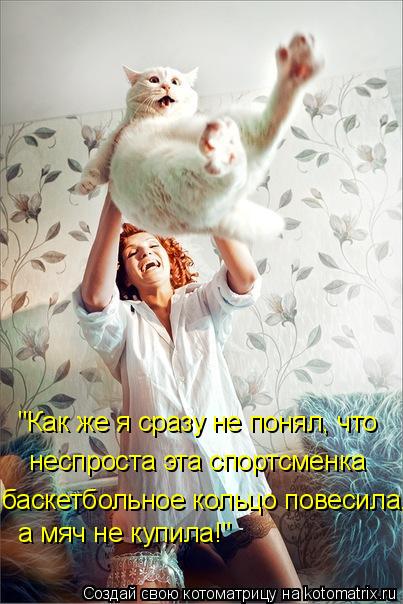 "Как же я сразу не понял, что неспроста эта спортсменка баскетбольное кольцо повесила, а мяч не ку... Котоматрица: "Как же я сразу не понял, что неспроста эта спортсменка баскетбольное кольцо повесила, а мяч не купила!"