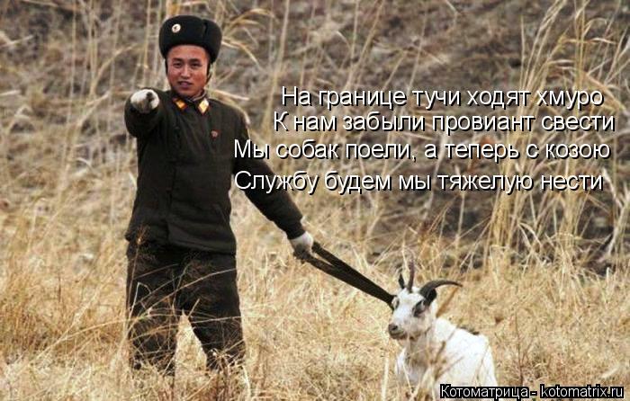 На границе тучи ходят хмуро К нам забыли провиант свести Мы собак поели, а теперь с козою Службу буде... Котоматрица: На границе тучи ходят хмуро К нам забыли провиант свести Мы собак поели, а теперь с козою Службу будем мы тяжелую нести