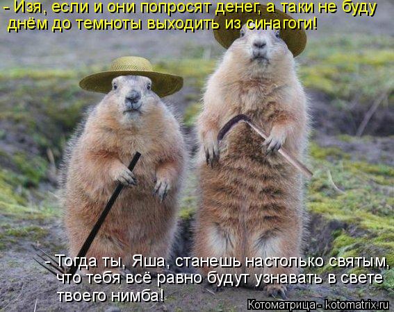 - Изя, если и они попросят денег, а таки не буду днём до темноты выходить из синагоги! - Тогда ты, Я... Котоматрица: - Изя, если и они попросят денег, а таки не буду днём до темноты выходить из синагоги! - Тогда ты, Яша, станешь настолько святым, что тебя всё р