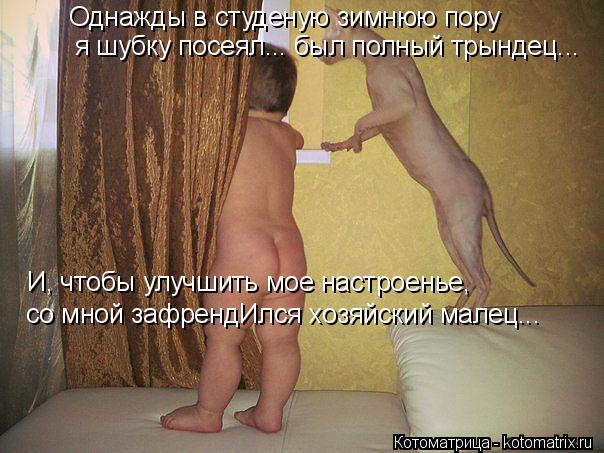 Однажды в студеную зимнюю пору я шубку посеял... был полный трындец... И, чтобы улучшить мое настроен... Котоматрица: Однажды в студеную зимнюю пору я шубку посеял... был полный трындец... И, чтобы улучшить мое настроенье, со мной зафрендИлся хозяйский малец..