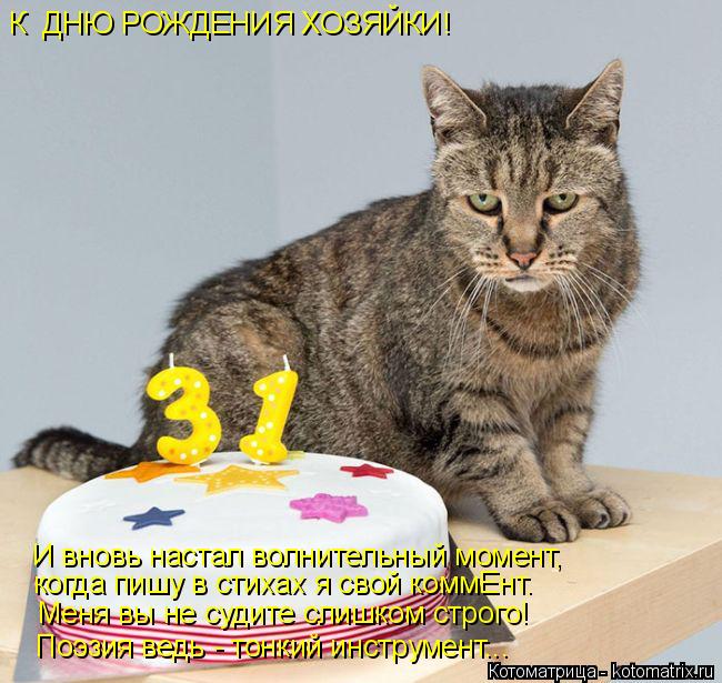 К ДНЮ РОЖДЕНИЯ ХОЗЯЙКИ! И вновь настал волнительный момент, когда пишу в стихах я свой коммЕнт. Мен... Котоматрица: К ДНЮ РОЖДЕНИЯ ХОЗЯЙКИ! И вновь настал волнительный момент, когда пишу в стихах я свой коммЕнт. Меня вы не судите слишком строго! Поэзия вед