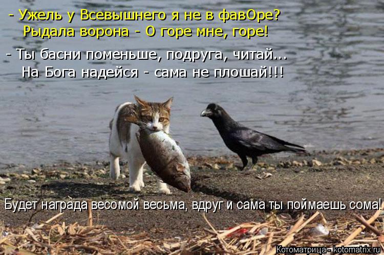 - Ужель у Всевышнего я не в фавОре? Рыдала ворона - О горе мне, горе! - Ты басни поменьше, подруга, ч... Котоматрица: - Ужель у Всевышнего я не в фавОре? Рыдала ворона - О горе мне, горе! - Ты басни поменьше, подруга, читай... Будет награда весомой весьма, вдруг и