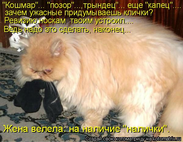 "Кошмар"... "позор"...,трындец"... еще "капец".... зачем ужасные придумываешь клички? Ревизию носкам ... Котоматрица: "Кошмар"... "позор"...,трындец"... еще "капец".... зачем ужасные придумываешь клички? Ревизию носкам твоим устроил.... Ведь надо это сделать, наконе?