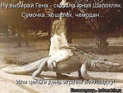 Ну выбирай Гена - сказала юная Шапокляк. Сумочка, кошелек, чемодан... Или целый день играем в лошадку... Котоматрица: Ну выбирай Гена - сказала юная Шапокляк. Сумочка, кошелек, чемодан... Или целый день играем в лошадку!