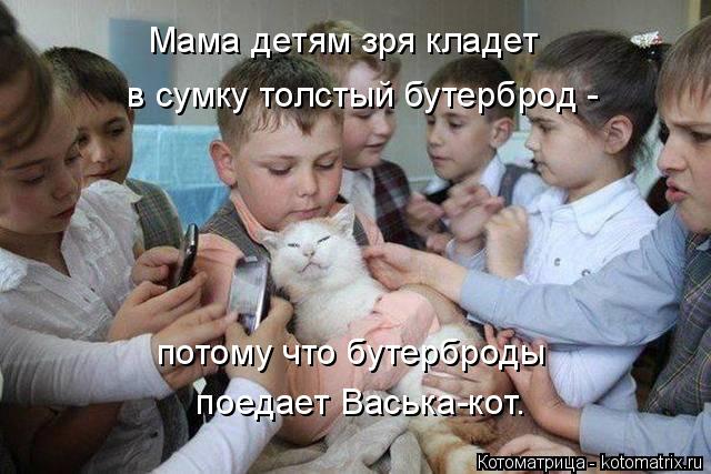 Котоматрица: Мама детям зря кладет  в сумку толстый бутерброд -  потому что бутерброды  поедает Васька-кот.