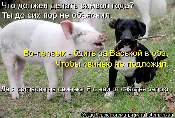Что должен делать символ года? Ты до сих пор не объяснил. Во-первых - бдить за Васькой в оба, Чтобы с... Котоматрица: Что должен делать символ года? Ты до сих пор не объяснил. Во-первых - бдить за Васькой в оба, Чтобы свинью не подложил. Да я согласен на свинью!