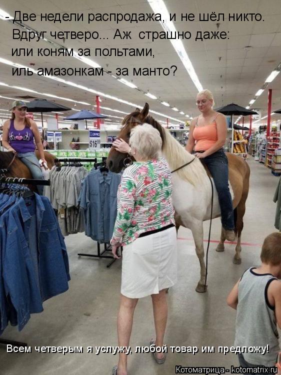 - Две недели распродажа, и не шёл никто. Вдруг четверо... Аж страшно даже: или коням за польтами, и... Котоматрица: - Две недели распродажа, и не шёл никто. Вдруг четверо... Аж страшно даже: или коням за польтами, иль амазонкам - за манто? Всем четверым я услу