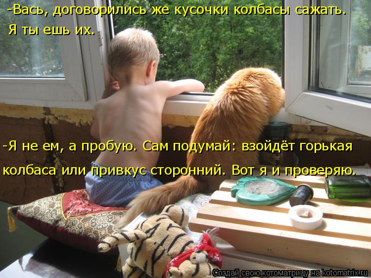 Котоматрица: -Вась, договорились же кусочки колбасы сажать.  Я ты ешь их. -Я не ем, а пробую. Сам подумай: взойдёт горькая  колбаса или привкус сторонний. Во?