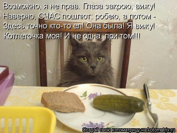 Возможно, я не прав. Глаза закрою, вижу! Здесь точно кто-то ел! Она была! Я вижу! Котлеточка моя! И н... Котоматрица: Возможно, я не прав. Глаза закрою, вижу! Здесь точно кто-то ел! Она была! Я вижу! Котлеточка моя! И не одна, при том!!! Наверно, СЧАС пошлют: робею,