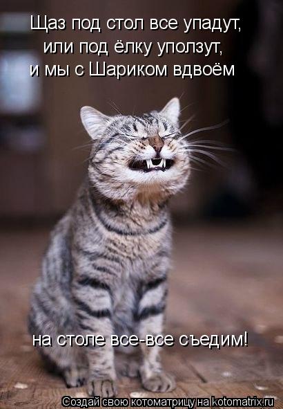 Котоматрица: Щаз под стол все упадут,  или под ёлку уползут, и мы с Шариком вдвоём на столе все-все съедим!