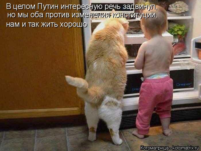 В целом Путин интересную речь задвинул, но мы оба против изменения конституции, нам и так жить хорошо... Котоматрица: В целом Путин интересную речь задвинул, но мы оба против изменения конституции, нам и так жить хорошо