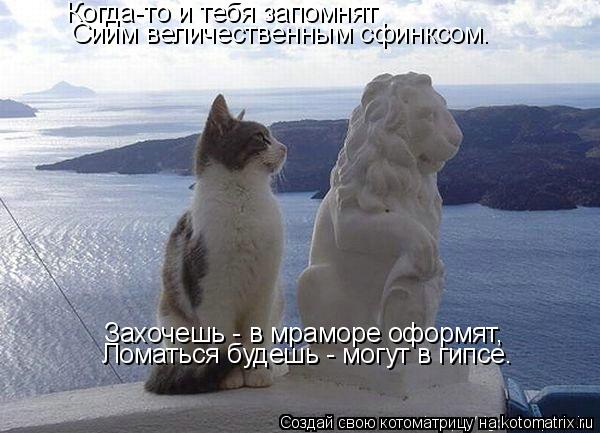 Когда-то и тебя запомнят Сиим величественным сфинксом. Захочешь - в мраморе оформят, Ломаться будешь... Котоматрица: Когда-то и тебя запомнят Сиим величественным сфинксом. Захочешь - в мраморе оформят, Ломаться будешь - могут в гипсе.