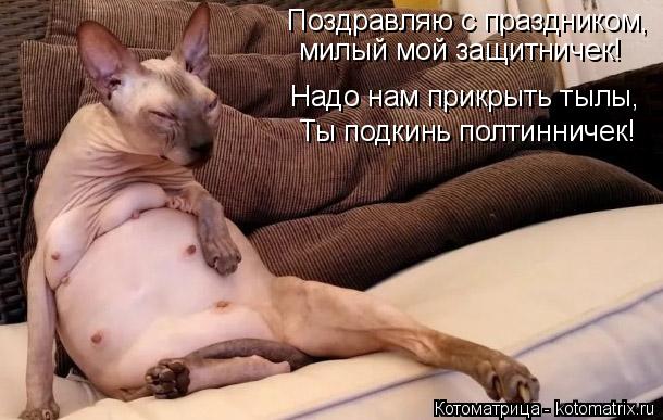 Котоматрица: Поздравляю с праздником, милый мой защитничек! Надо нам прикрыть тылы, Ты подкинь полтинничек!