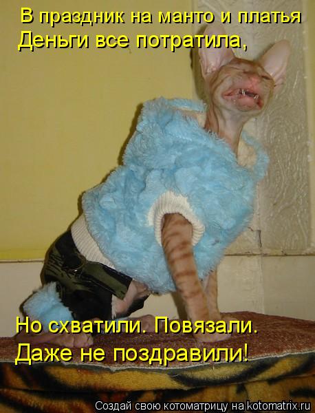 Даже не поздравили! Но схватили. Повязали. В праздник на манто и платья Деньги все потратила,... Котоматрица: Даже не поздравили! Но схватили. Повязали. В праздник на манто и платья Деньги все потратила,