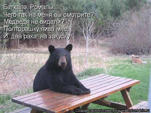 Батхалэ, Ромалы, Чего так на меня вы смотрите? Медведя не видали? Полторашку пива мне, И, два рака, н... Котоматрица: Батхалэ, Ромалы, Чего так на меня вы смотрите? Медведя не видали? Полторашку пива мне, И, два рака, на закуску