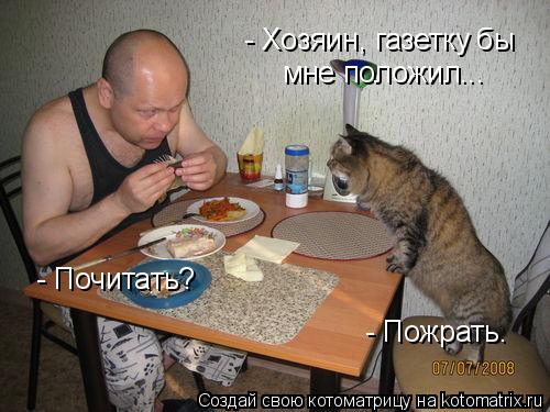 - Почитать? - Пожрать. - Хозяин, газетку бы мне положил...... Котоматрица: - Почитать? - Пожрать. - Хозяин, газетку бы мне положил...