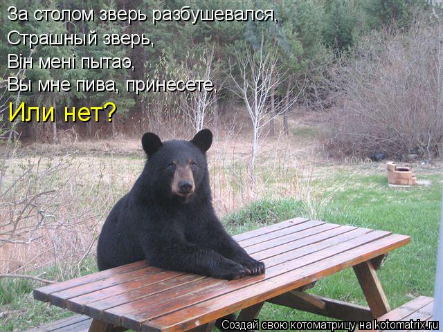 За столом зверь разбушевался, Страшный зверь, Biн менi пытаэ, Вы мне пива, принесете, Или нет?... Котоматрица: За столом зверь разбушевался, Страшный зверь, Biн менi пытаэ, Вы мне пива, принесете, Или нет?