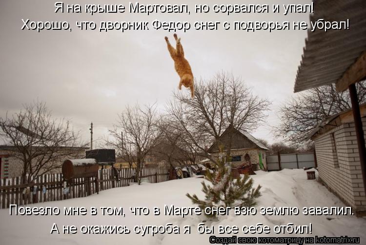 Я на крыше Мартовал, но сорвался и упал! Хорошо, что дворник Федор снег с подворья не убрал! Повезло ... Котоматрица: Я на крыше Мартовал, но сорвался и упал! Хорошо, что дворник Федор снег с подворья не убрал! Повезло мне в том, что в Марте снег взю землю зава?