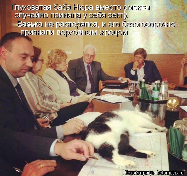 Глуховатая баба Нюра вместо смекты случайно приняла у себя секту. Васька не растерялся, и его безого... Котоматрица: Глуховатая баба Нюра вместо смекты случайно приняла у себя секту. Васька не растерялся, и его безоговорочно признали верховным жрецом.