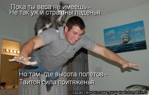 Пока ты веса не имеешь - Не так уж и страшны паденья. Но там, где высота полётов - Таится сила притяж... Котоматрица: Пока ты веса не имеешь - Не так уж и страшны паденья. Но там, где высота полётов - Таится сила притяженья.