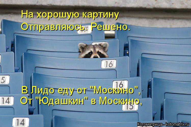 На хорошую картину Отправляюсь. Решено. В Лидо еду от "Москино", От "Юдашкин" в Москино,... Котоматрица: На хорошую картину Отправляюсь. Решено. В Лидо еду от "Москино", От "Юдашкин" в Москино,