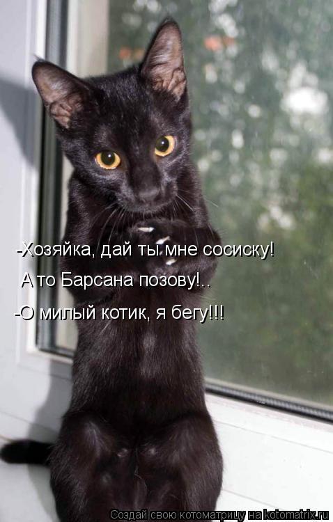 А то Барсана позову!.. -Хозяйка, дай ты мне сосиску! -О милый котик, я бегу!!!... Котоматрица: А то Барсана позову!.. -Хозяйка, дай ты мне сосиску! -О милый котик, я бегу!!!