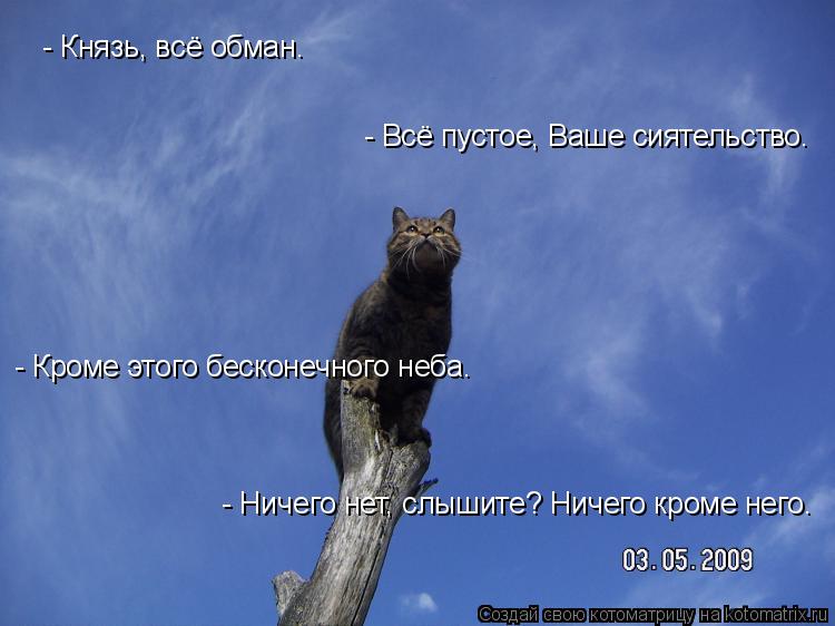 - Князь, всё обман. - Всё пустое, Ваше сиятельство. - Кроме этого бесконечного неба. - Ничего нет,... Котоматрица: - Князь, всё обман. - Всё пустое, Ваше сиятельство. - Кроме этого бесконечного неба. - Ничего нет, слышите? Ничего кроме него.
