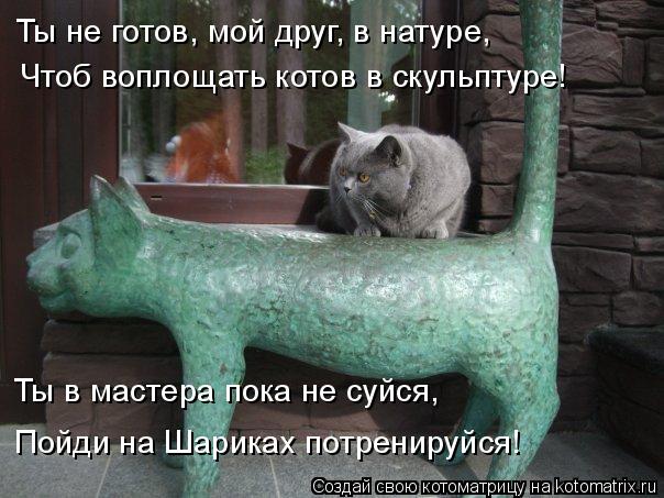 Котоматрица: Ты не готов, мой друг, в натуре, Чтоб воплощать котов в скульптуре! Ты в мастера пока не суйся, Пойди на Шариках потренируйся!