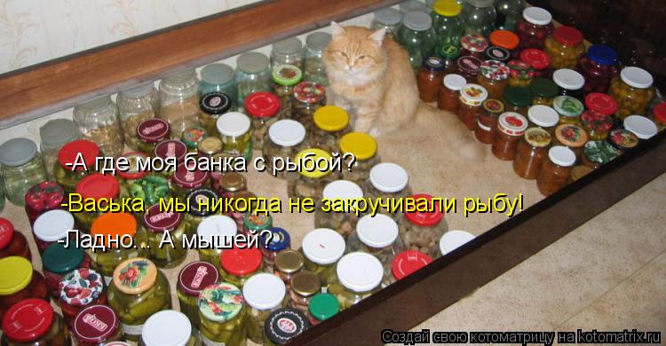 -А где моя банка с рыбой? -Васька, мы никогда не закручивали рыбу! -Ладно... А мышей?... Котоматрица: -А где моя банка с рыбой? -Васька, мы никогда не закручивали рыбу! -Ладно... А мышей?